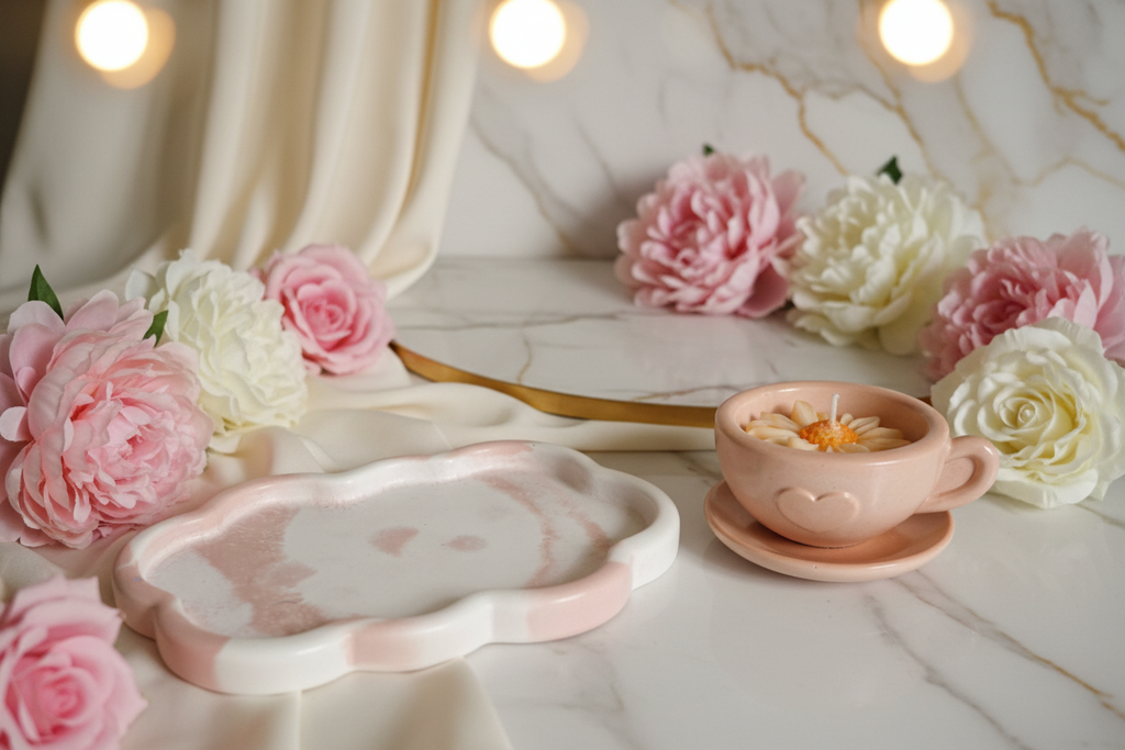 Cloud trinket tray with cup & saucer candle,