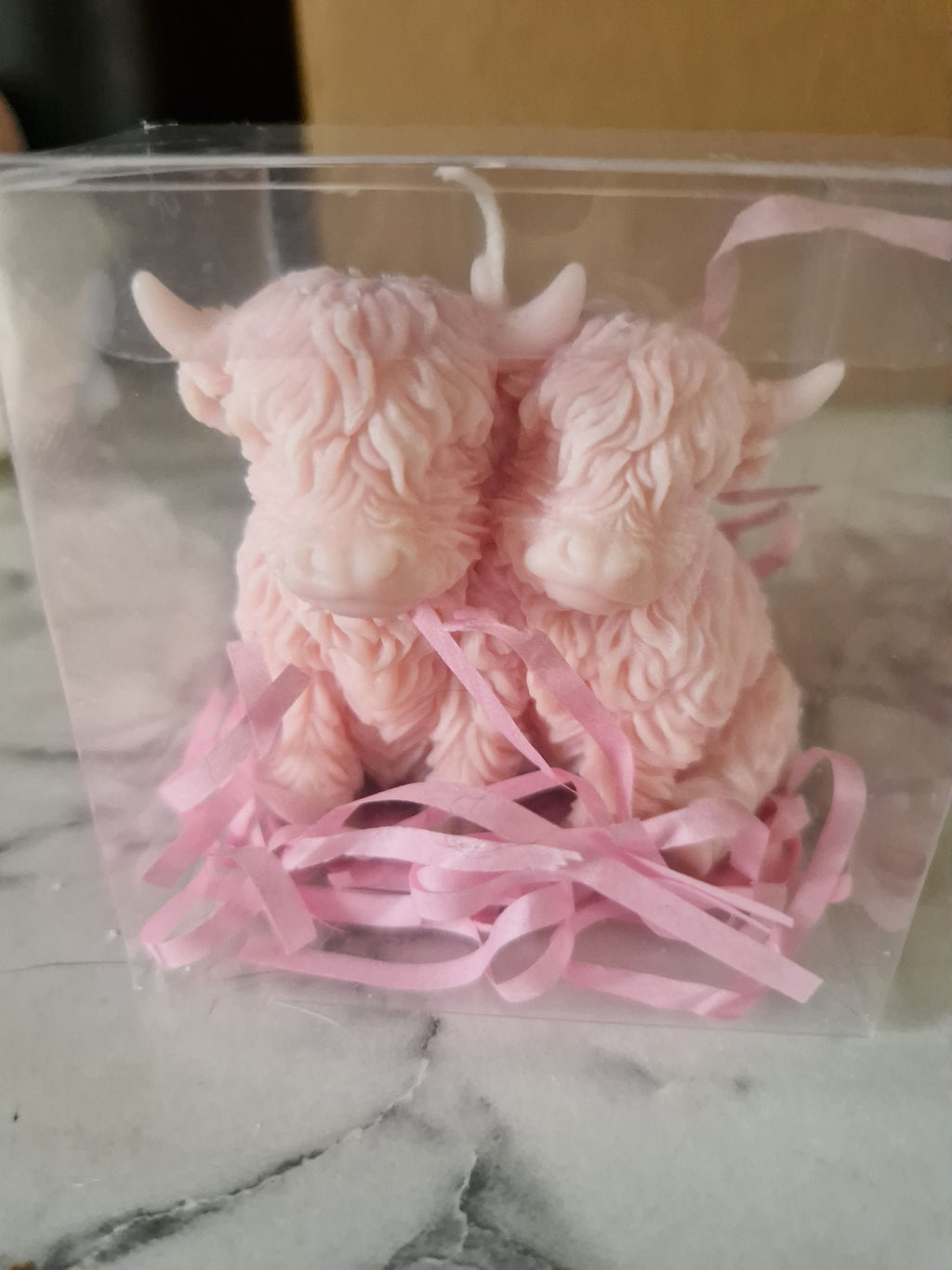 Snuggling Highland cows candle